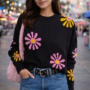 Eccola Black Floral Daisy Knit Sweater Large Retro Indie Eclectic L